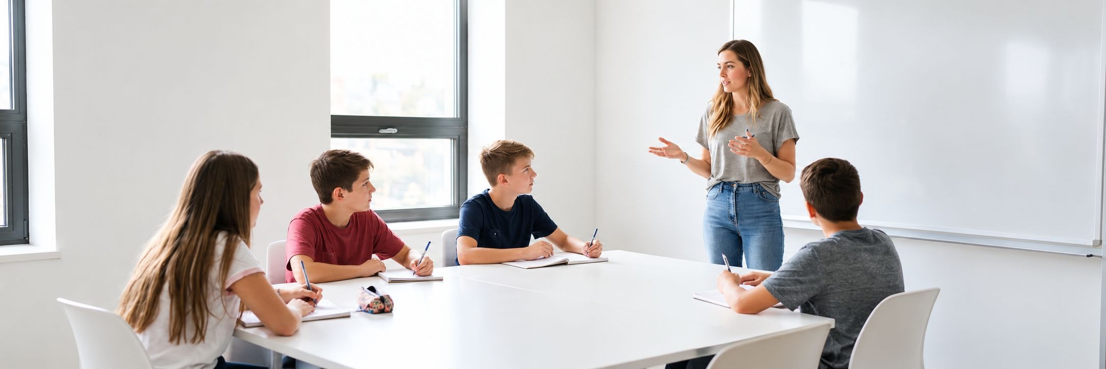 Explicadora com alunos numa sala de estudo