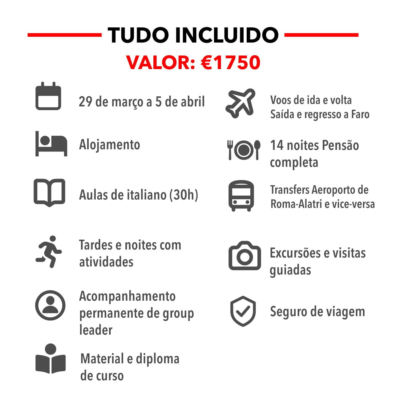 Preços Spring School Adultos Itália