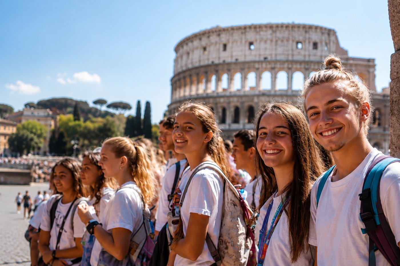Grupo de alunos junto ao Coliseu, em Roma