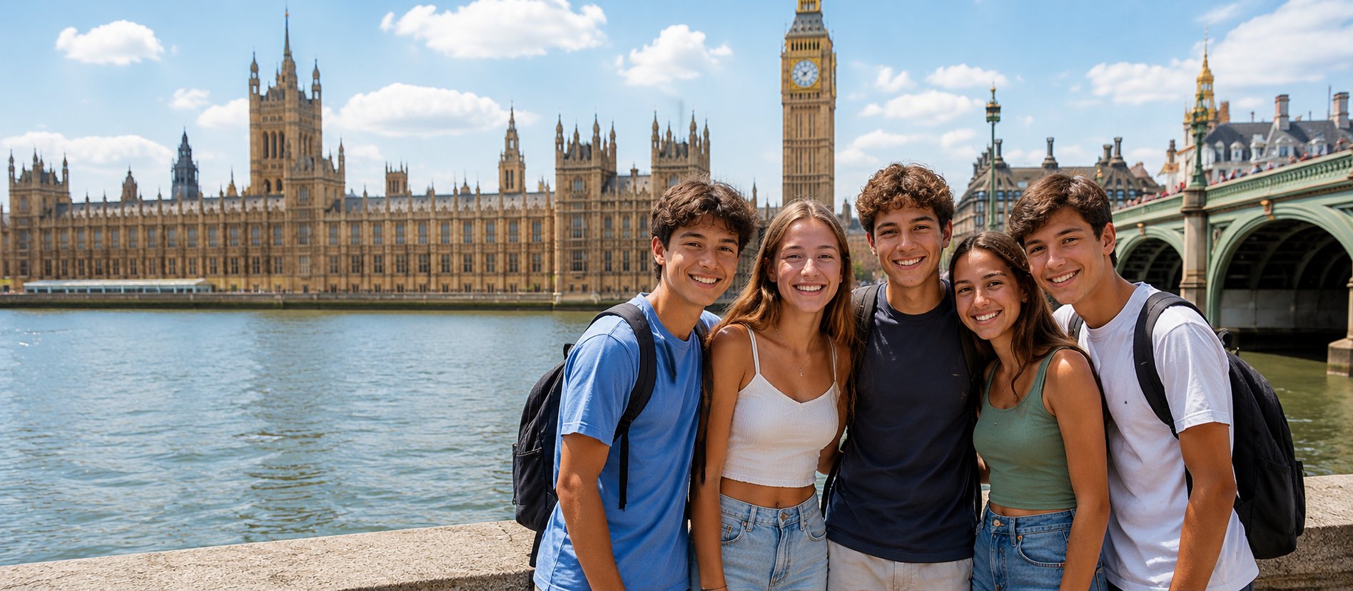 Grupo de alunos junto ao Big Ben e ao Parlamento, em Londres, durante a Summer School Da Vinci
